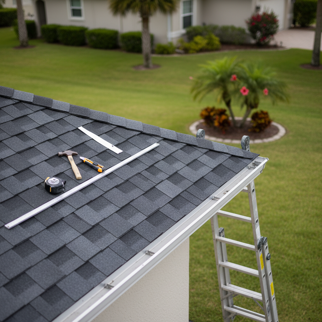 A detailed close-up of a residential roof inspection scene featuring neatly arranged roofing tools, high-quality architectural shingles, and a sturdy aluminum ladder leaning against the eave of a light-colored Florida home. The shingles show crisp edges and a rich dimensional pattern, with flashing and vents clearly visible and properly installed. The setting includes a well-kept suburban yard with manicured grass and a few coastal plants in soft focus. Diffused, bright overcast daylight creates even illumination with minimal shadows. Photographic realism, shot at eye level with shallow depth of field, focusing attention on the roof materials and precise workmanship for a calm, professional, safety-focused atmosphere.