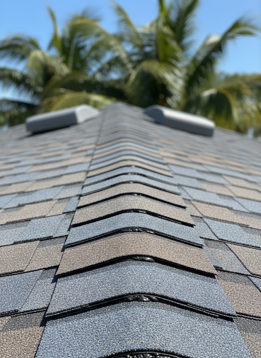 A focused, close-up scene of a ridge line on a newly installed asphalt shingle roof in Florida, showing perfectly aligned ridge caps, cleanly nailed and sealed, with matching vent accessories integrated along the peak. The shingles have a subtle blend of grays and browns, giving a dimensional, high-end look. The background shows a soft blur of palm fronds and a sunlit blue sky. Bright, clear natural light from overhead creates crisp detail on the granules and edges of each shingle. Photographic realism, shot from a low angle looking up along the ridge to emphasize precision, strength, and weather resistance, creating a meticulous, professional mood.