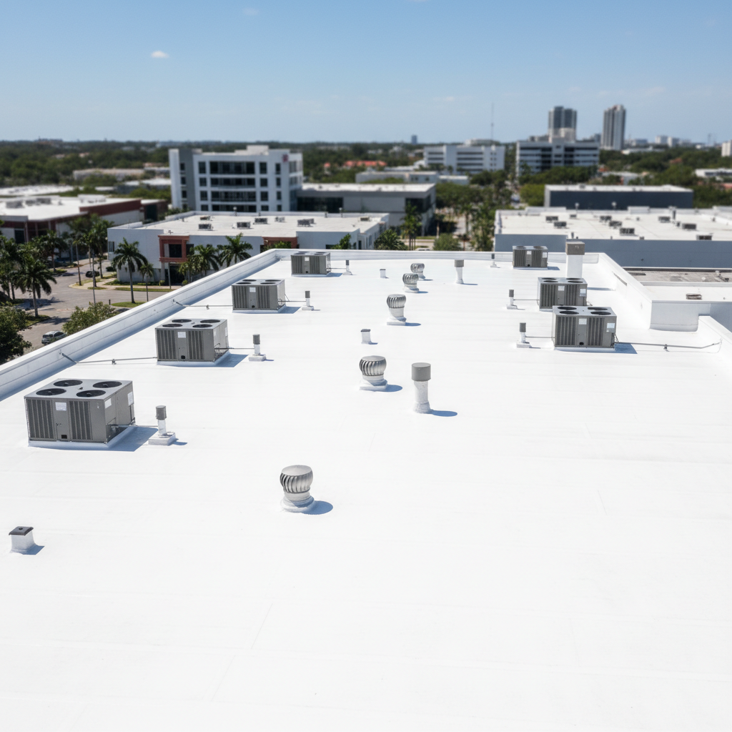A dramatic yet orderly rooftop view of a low-slope commercial building in Panama City, its bright white, reflective membrane roof stretching toward the horizon. HVAC units, vents, and drainage systems are tidily arranged, all looking recently serviced and secure. The surrounding area shows hints of other commercial structures and distant palm-lined streets, softly blurred. Captured during clear midday conditions with crisp, bright natural light emphasizing the clean, modern surface and sharp edges. Photographic realism from a slightly elevated, wide-angle perspective, with strong leading lines guiding the eye across the roof. The mood is competent and businesslike, conveying reliability for commercial roofing clients.