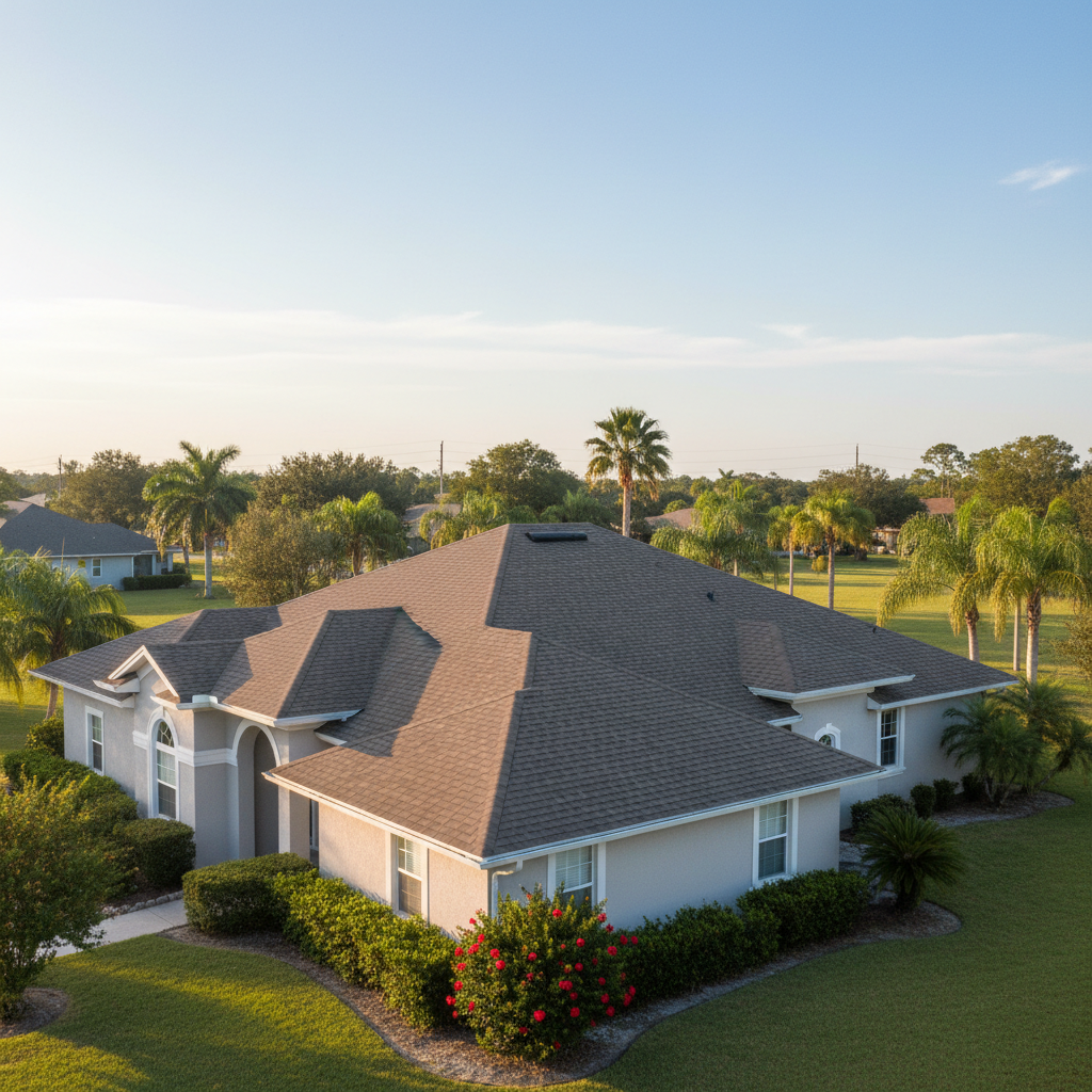 A clean, well-maintained asphalt shingle roof on a single-story Florida home, the shingles a warm charcoal gray with crisp, straight lines and neatly sealed ridge caps. The house sits in a quiet Panama City neighborhood with glimpses of palm trees and a pale blue sky in the background. Late afternoon sunlight casts soft, even light across the roof surface, revealing subtle texture without harsh shadows. Photographic realism, shot from a slightly elevated angle to show the full roof plane and part of the yard below. The mood is trustworthy and professional, emphasizing durability, quality workmanship, and a sense of homeowner peace of mind.