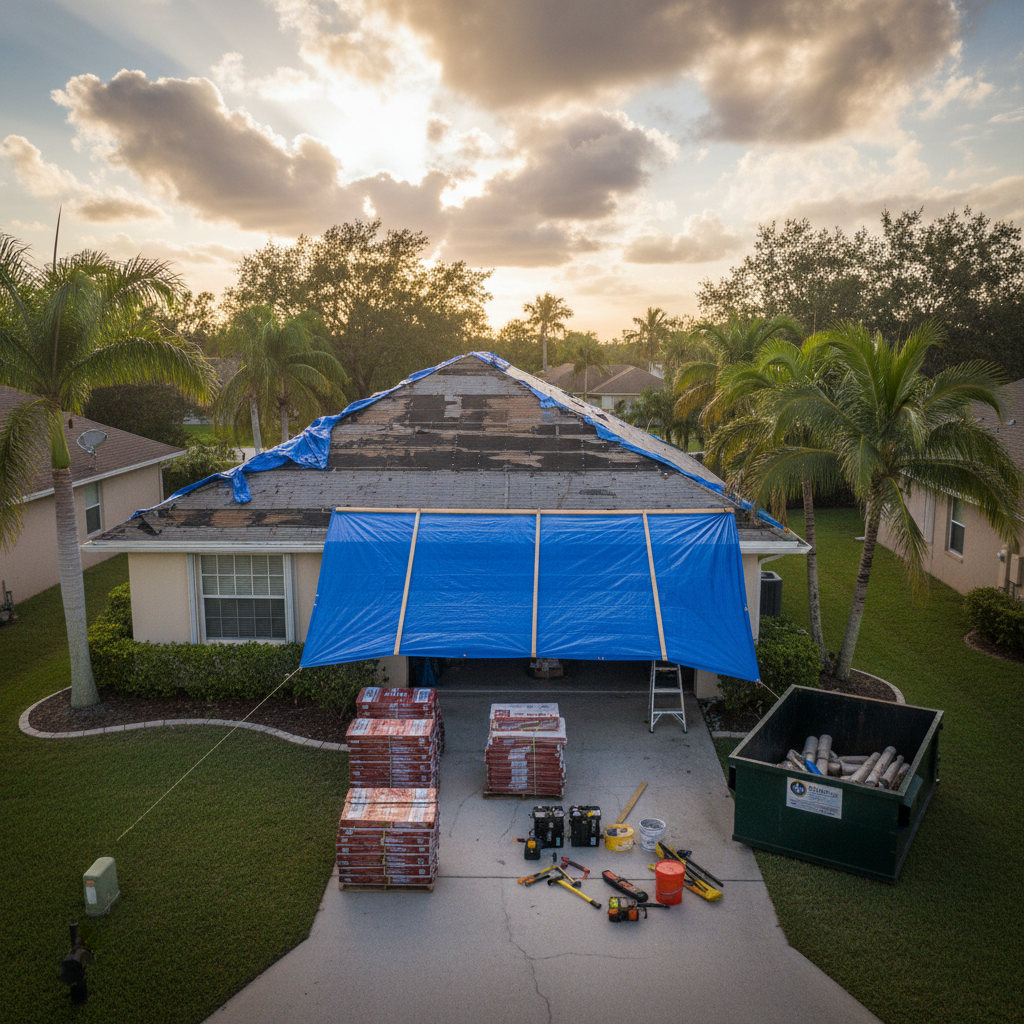 A powerful storm-damage roofing scene captured in a controlled, non-chaotic way: a Florida home with a section of roof where shingles are missing and underlayment is exposed, but the damage is clearly contained and ready for repair. A blue waterproof tarp is securely fastened over part of the roof, with roofing materials and new shingles neatly stacked on the driveway below. The sky is clearing after a storm, with soft, diffused light breaking through gray clouds, creating a hopeful, problem-solving atmosphere. Photographic realism from an elevated angle, showing both the damaged area and the preparations for professional restoration, emphasizing responsiveness and protection.