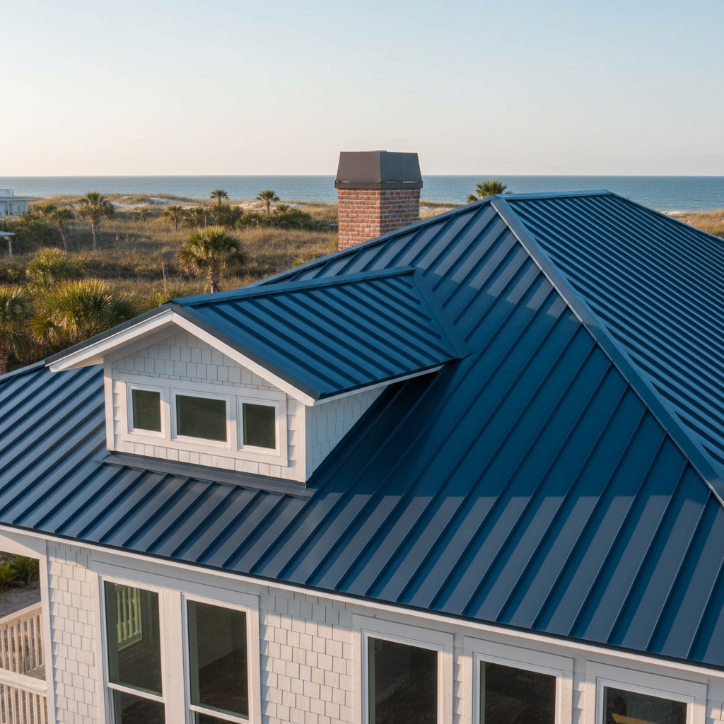 A pristine metal roofing installation on a coastal Florida-style home near Panama City, featuring a standing seam metal roof in a cool, matte ocean-blue color. The sleek vertical seams run cleanly from ridge to eave, with carefully detailed flashing around a dormer and chimney. In the background, subtle hints of sandy tones and distant palm trees suggest the Gulf Coast environment, softly blurred. Captured in bright but slightly diffused late-morning sunlight, the metal surface shows gentle highlights without glare. Photographic realism, framed from a low-angle perspective that emphasizes slope and craftsmanship. The mood is modern, enduring, and storm-ready, highlighting premium roof replacement quality.