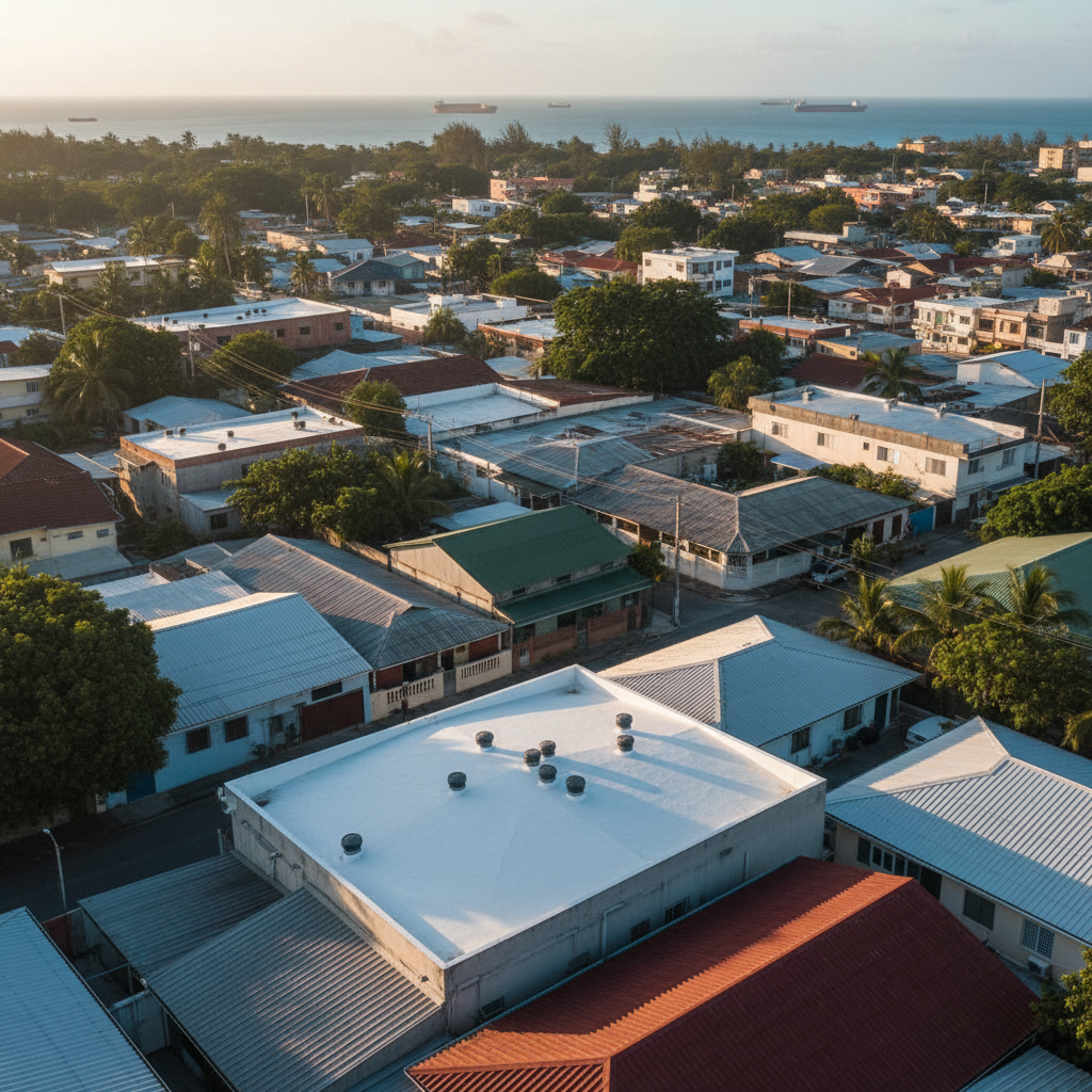 A bird’s-eye, wide-angle photographic view of multiple roofs in a Panama City neighborhood, showing a mix of well-maintained shingle, metal, and flat roofs on homes and small businesses. Each roof surface looks clean, secure, and recently serviced, with clear ridge lines, aligned shingles, and properly placed vents. Subtle coastal greenery, quiet streets, and a glimpse of the nearby bay create context in soft focus. Late afternoon sunlight gives a soft, warm glow across the scene, casting gentle shadows that define roof shapes without harsh contrast. Photographic realism with strong depth and clarity, conveying a sense of community protection and comprehensive local roofing expertise.