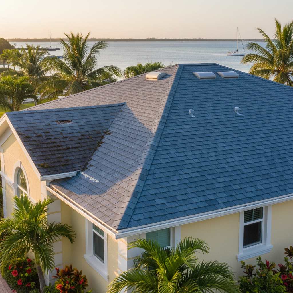A side-by-side rooftop scene on a Florida coastal-style home, showing a contrast between an older, weather-worn shingle section and a freshly replaced, immaculate section with new high-wind-rated shingles and properly installed ridge vents. The damaged side shows subtle wear and curling, while the new side is crisp, uniform, and secure. The home is surrounded by tropical landscaping and a glimpse of a calm bay in the distant background, softly out of focus. Late afternoon golden-hour light gently highlights the textures and edges, giving a warm, reassuring tone. Photographic realism, shot from a slightly elevated three-quarter angle to clearly show the transformation and the craftsmanship of the replacement work.