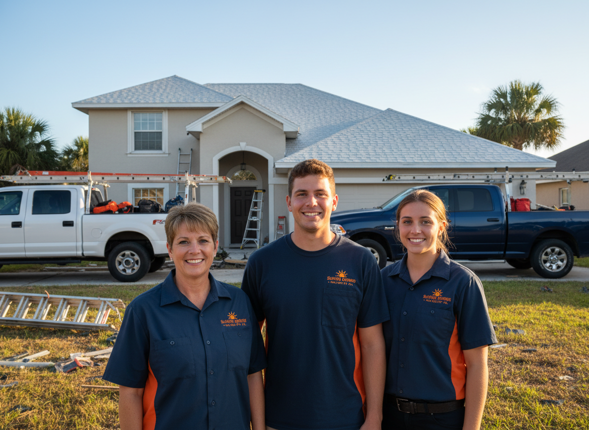 Family-owned Safeguard Roofing Pros team standing in front of a completed shingle roof in Panama City Florida