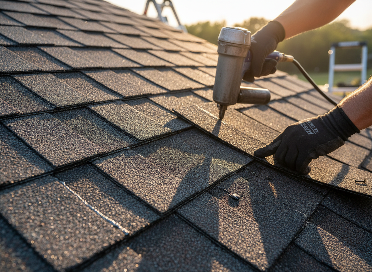 Close-up of quality shingles being installed by a professional roofer