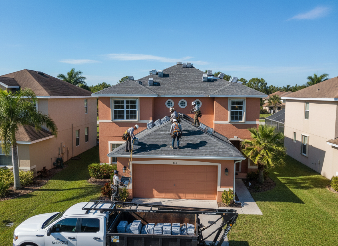 Professional roofing crew installing shingles on a Florida home